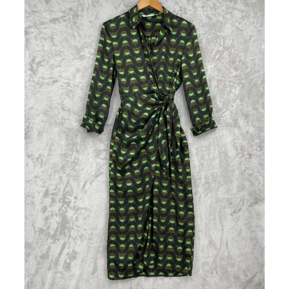Zara Retro Printed Twill Wrap Shirt Midi Dress Disco Long Sleeve - Picture 2 of 15